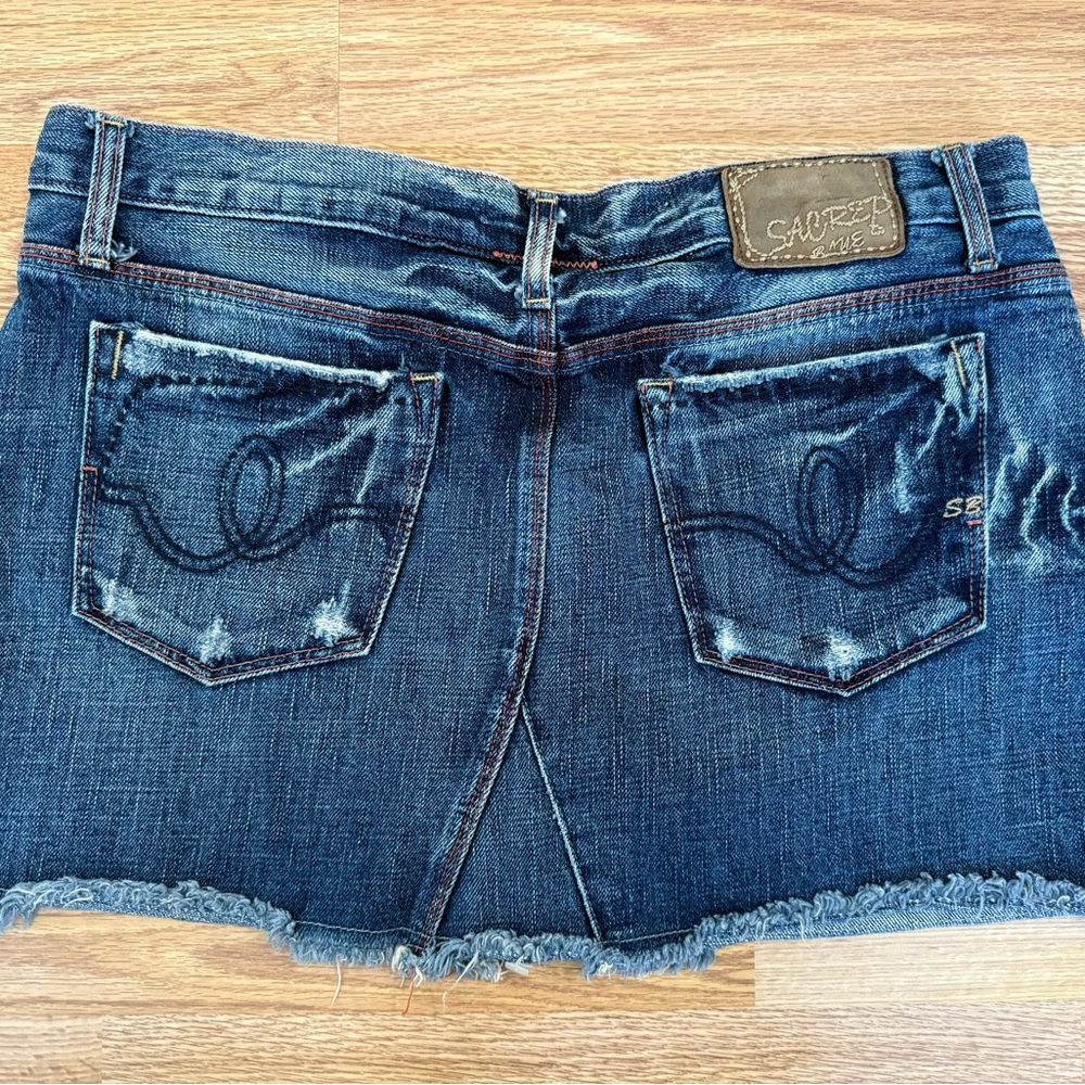 Sacred Blue Denim Mini Skirt - Dark Blue Distressed